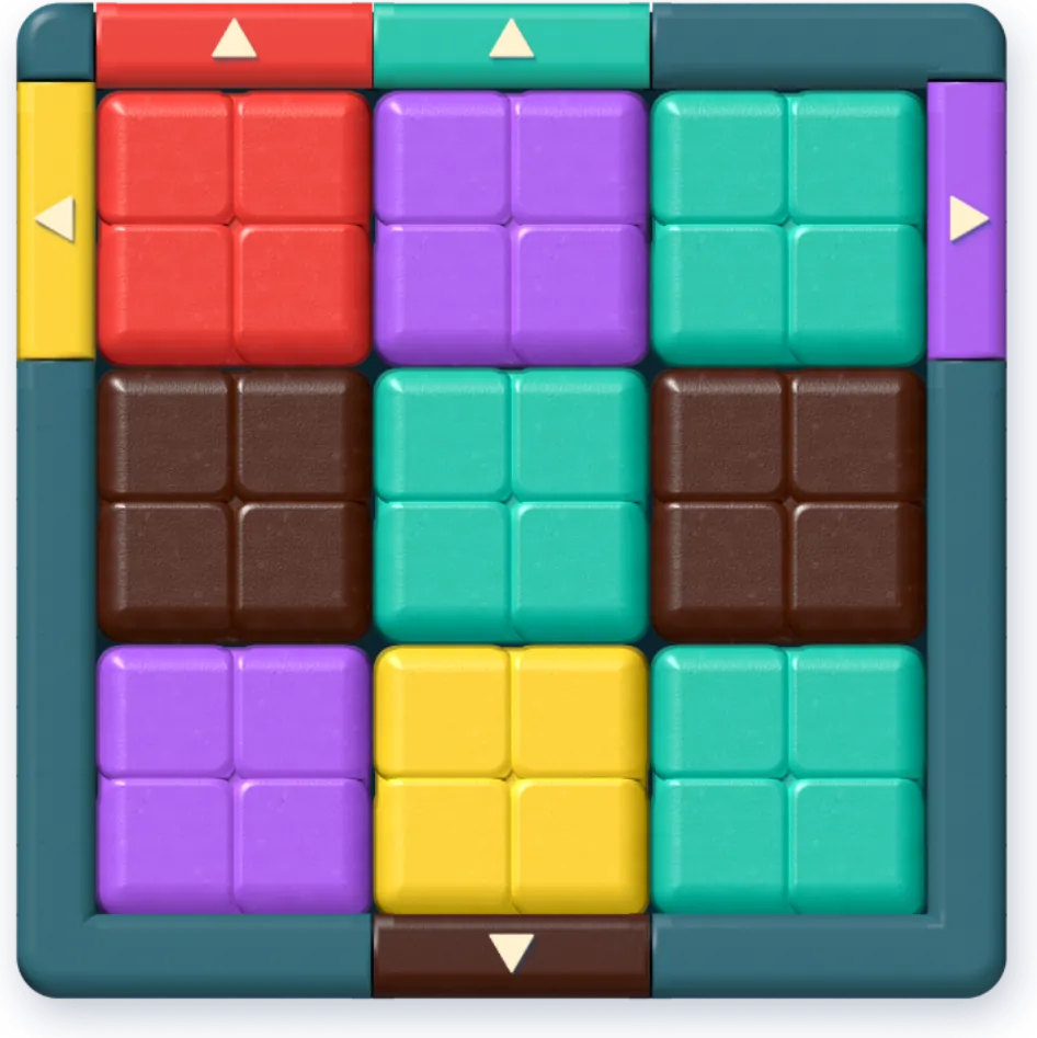 Level 3 at the start: nine square blocks in red, purple, teal, brown and yellow, and an exit of each colour in the frame.
